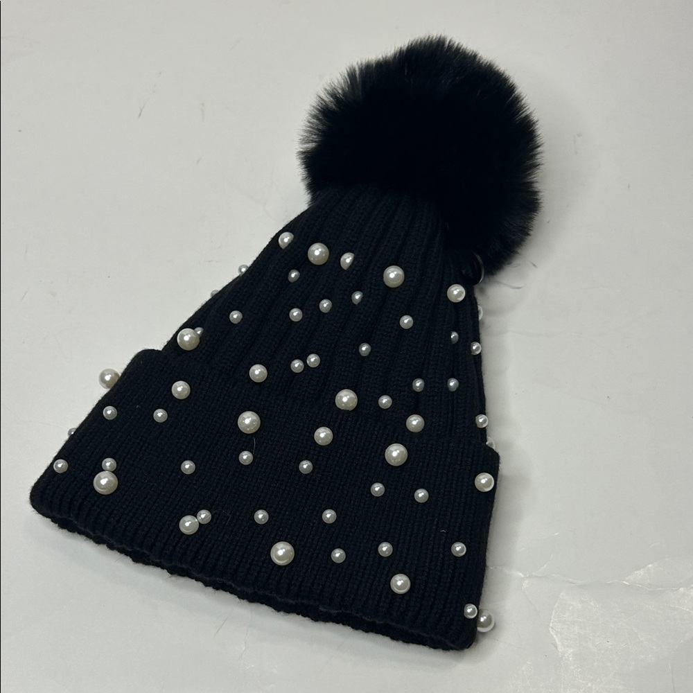 Black Womens Beanie with Pearls and Pom Pom
